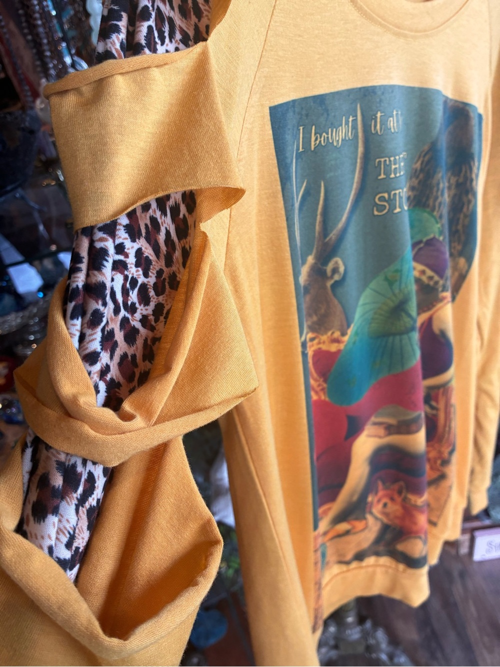 Women’s Mustard Graphic Long Sleeve Tee "I bought it at the thrift store" - Picture 4 of 5